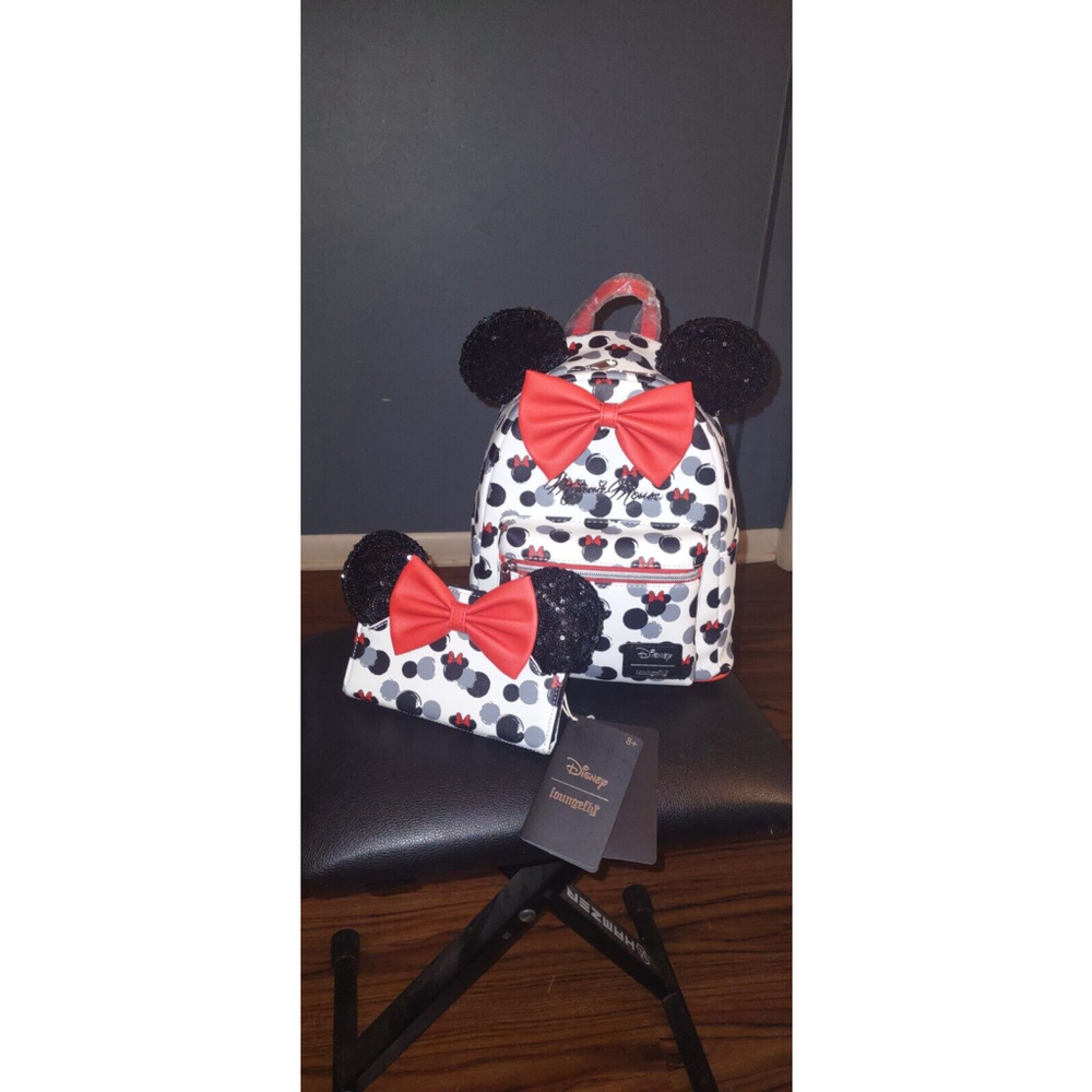 NWT Loungefly Disney Minnie Mouse Glitter Ears Mini Backpack & Wallet